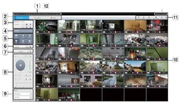 Screenshot of a surveillance camera grid interface with numbered panels and control panels