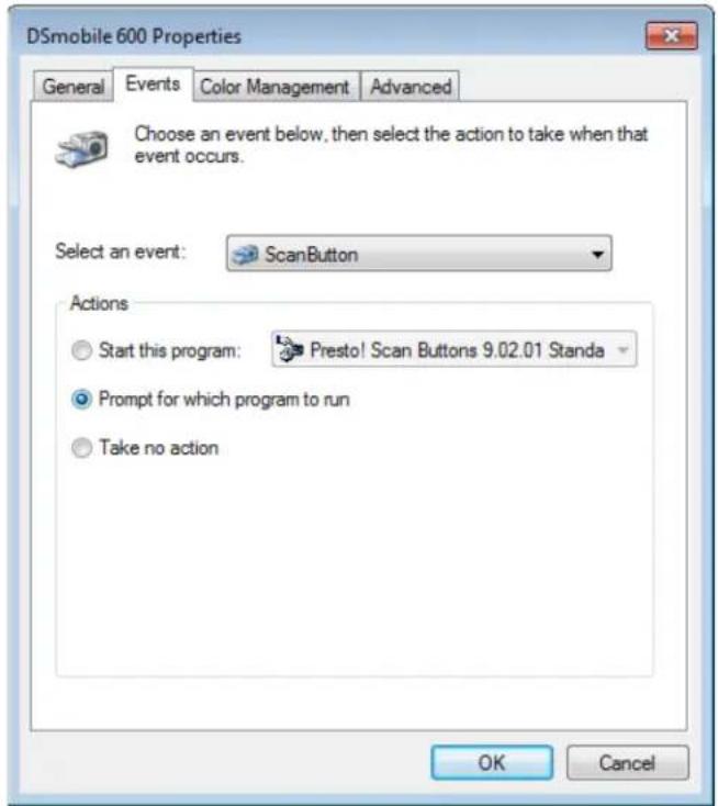 DSmobile 600 Properties General Events Color Management Advanced Choose an event below, then select the action to take when that event occurs. Select an event: ScanButton Actions Start this program: Presto! Scan Buttons 9.02.01 Standa Prompt for which program to run Take no action OK Cancel