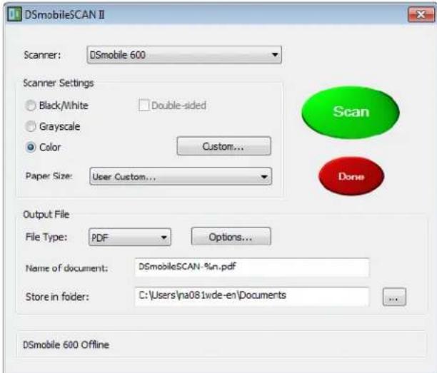 DSmobileSCAN II Scanner: DSmobile 600 Scanner Settings Black/White Double-sided Grayscale Color Custom... Paper Size: User Custom... Scan Done Output File File Type: PDF Options... Name of document: DSmobileSCAN-%n.pdf Store in folder: C:\Users\na081wde-en\Documents DSmobile 600 Offline