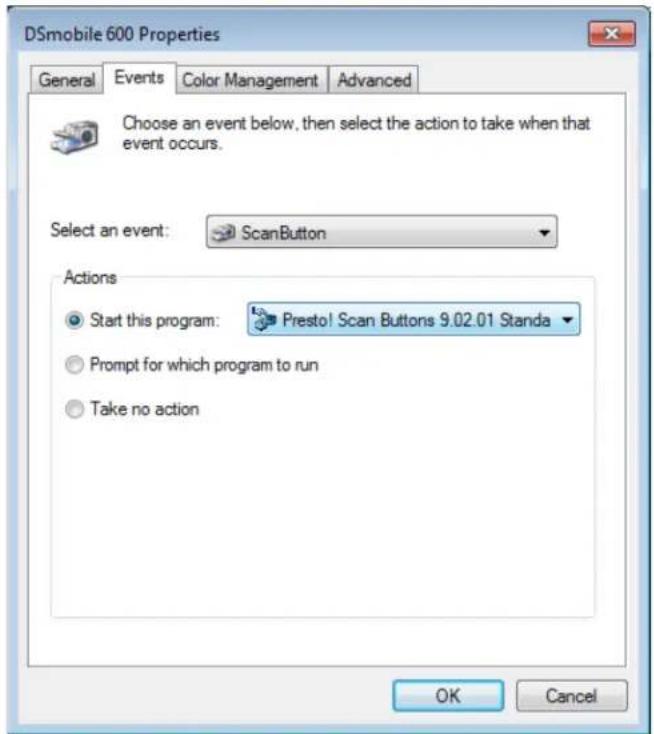 DSmobile 600 Properties General Events Color Management Advanced Choose an event below, then select the action to take when that event occurs. Select an event: ScanButton Actions Start this program: Presto! Scan Buttons 9.02.01 Standa Prompt for which program to run Take no action OK Cancel
