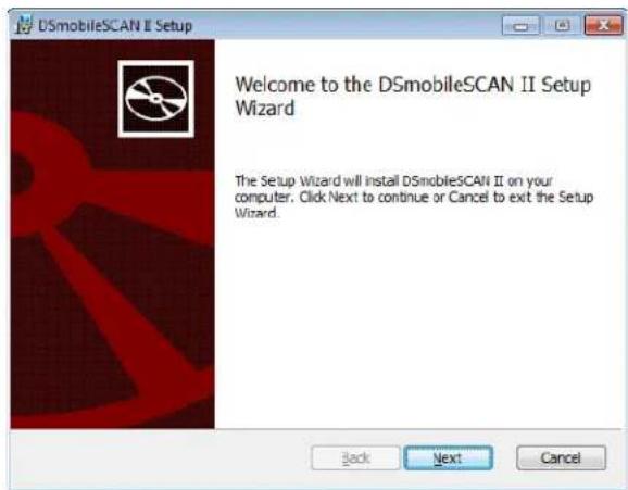 DSmobileSCAN II Setup Welcome to the DSmobileSCAN II Setup Wizard The Setup Wizard will install DSmobileSCAN II on your computer. Click Next to continue or Cancel to exit the Setup Wizard.