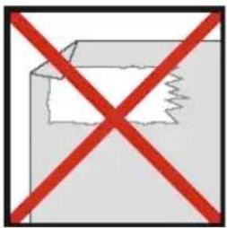Warning sign with red X symbol crossed over a damaged document, indicating no readable text or symbols beyond the prohibition.