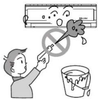 Illustration showing a person painting a wall-mounted air conditioner with a hand holding a tool, accompanied by a paint bucket and a crossed-out prohibition symbol.