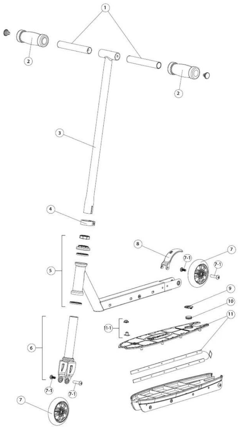 Exploded view diagram of a scooter's internal components with numbered parts and exploded views