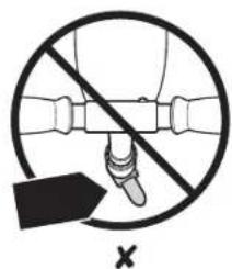 Prohibition sign with crossed-out pipe diagram and checkmark, indicating no movement or restriction