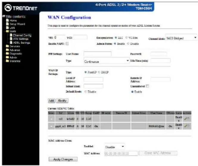 TRENDNET Site contents: Home Setup Wizard LAN WAN Channel Config ATM Settings ADSL Settings Services Advance Diagnostic Admin Statistics 4-Port ADSL 2/2+ Modem Router TDM-C504 WAN Configuration This page is used to configure the protection for the channel operation mode of your ADSL Modee Route. VPI: 0 VCI: Enable NAPT: Enterpation: LLC VC Admin Channel Mode: 1483 Bridged Admin Status: Enable Disable PFP Settings: User Name: Type Continuous Password: Title Time (min): WAN IP Settings: Type: Fixed IP DHCP Local IP Address: Subnet Mask: Default Route: Disable Remote IP Address: Unanswered: Enable Add Modify Current ATM VC Table: Reset: Ref. Mode: VPI: VCI: Backup START ID Add: Remove IP Subset Node Date Value Change Status Action + vpi w1483 S M LLC + ppp0_xcl PPPcE S M LLC On 800.663.glm On Enable ✓ MAC Address Clean: Enabled: Disable MAC Address: 00.00.00.00.00.00 Clear MAC Address Apply Changes