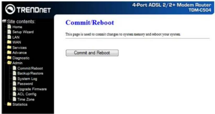 TRENDNET 4-Port ADSL 2/2+ Modem Router TDM-C504 Site contents: Home Setup Wizard LAN WAN Services Advance Diagnostic Admin Commit/Reboot Backup/Restore System Log Password Upgrade Firmware ACL Config Time Zone Statistics Commit/Reboot This page is used to commit changes to system memory and reboot your system. Commit and Reboot