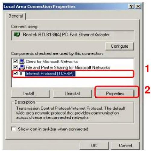 Local Area Connection Properties General Connect using: Realtek RTL8139(A) PCI Fast Ethernet Adapter Configure Components checked are used by this connection: Client for Microsoft Networks File and Printer Sharing for Microsoft Networks Internet Protocol (TCP/IP) Install... Uninstall Properties Description Transmission Control Protocol/Internet Protocol. The default wide area network protocol that provides communication across diverse interconnected networks. Show icon in taskbar when connected OK Cancel