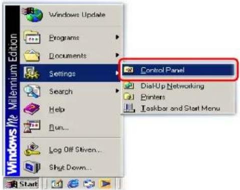 Windows 96 Millennium Edition Windows Update Programs Documents Settings Search Help Run... Log Off Stiven... Shut Down... Start Control Panel Dial-Up Networking Printers Taskbar and Start Menu