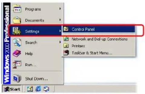 Windows 2000 Professional Programs Documents Settings Search Help Run... Shut Down... Control Panel Network and Did-up Connections Printers Taskbar & Start Menu...