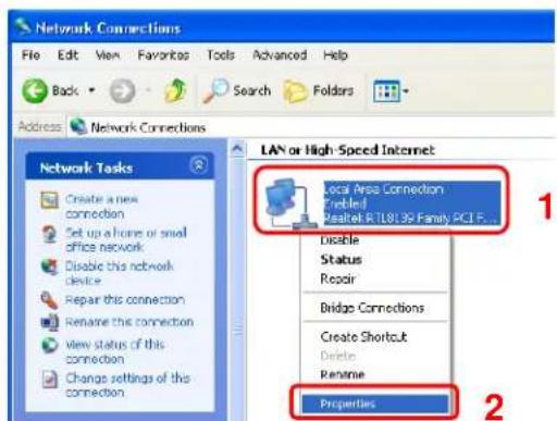 Network Connections File Edit View Favorites Tools Advanced Help Back Search Folders Address Network Connections LAN or High-Speed Internet Local Press Connection Created Readlet R: (LB1.35 Family PCI P... Disable Status Repair Bridge Connections Create Shortcut Delete Rename Properties Network Tasks Create a new connection Set up a home or small office network Disable this network device Repair this connection Rename this connection view status of this connection Change settings of this connection 1 2