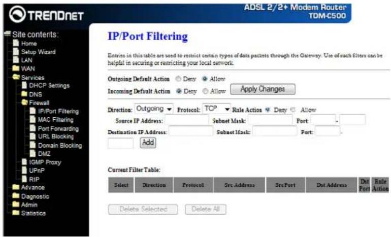 TRENDNET Site contents: Home Setup Wizard LAN WAN Services DHCP Settings DNS Firewall IP/Port Filtering MAC Filtering Port Forwarding URL Blocking Domain Blocking DMZ IGMP Proxy UPnP RIP Advance Diagnostic Admin Statistics ADSL 2/2+ Modem Router TDM-C500 IP/Port Filtering Entries in this table are used to restrict certain types of data packets through the Gateway. Use of such filters can be helpful in securing or restricting your local network. Outgoing Default Action Deny Allow Incoming Default Action Deny Allow Apply Changes Direction: Outgoing▼ Protocol: TCP▼ Rule Action▼ Deny Allow Source IP Address: Subnet Mask: Port: - Destination IP Address: Subnet Mask: Port: - Add Current Filter Table: Select Direction Protocol Src Address Src Port Dst Address Dst Port Rule Action Delete Selected Delete All