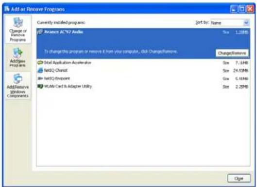 Add or Remove Programs Change or Remove Programs Add/Remove Programs Add/Remove Windows Components Currently installed programs: Sort by: Name Revance AC/72 Audio Size: 1.0MB To change this program or remove it from your computer, click Change/Remove. Change/Remove Std1 Application Accelerator Size: 7.1MB Std2 Chancit Size: 24.5MB Std3 Endpoint Size: 6.1MB WLAN Card & Adapter Utility Size: 2.2MB Close