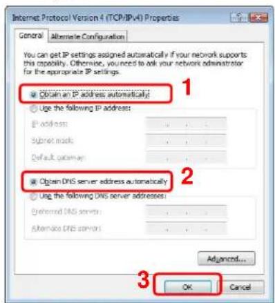 Internet Protocol Version 4 (TCP/IPV4) Properties General Alternate Configuration You can get IP settings assigned automatically if your network supports this capability. Otherwise, you need to ask your network administrator for the appropriate IP settings. Obtain an IP address automatically Use the following IP address: IP address: ...... Submit mask: ...... Default gateway: ...... Obtain DNS server address automatically Use the following DNS server addresses: Preferred DNS server: ...... Alternate DNS server: ...... Advanced... OK Cancel 1 2 3