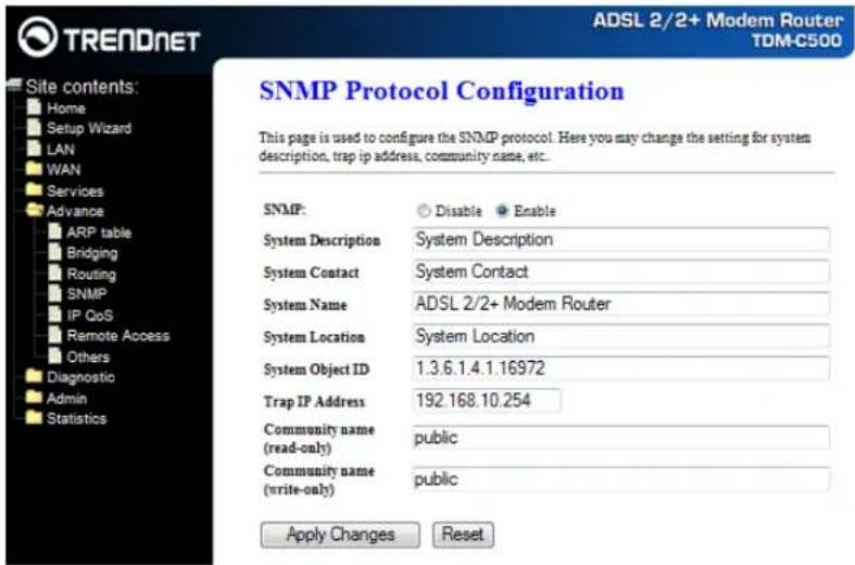 TRENDNET Home Setup Wizard LAN WAN Services Advance ARP table Bridging Routing SNMP IP QoS Remote Access Others Diagnostic Admin Statistics SNMP Protocol Configuration This page is used to configure the SNMP protocol. Here you may change the setting for system description, trap ip address, community name, etc.. SNMP: Disable Enable System Description System Description System Contact System Contact System Name ADSL 2/2+ Modem Router System Location System Location System Object ID 1.3.6.1.4.1.16972 Trap IP Address 192.168.10.254 Community name (read-only) public Community name (write-only) public Apply Changes Reset ADSL 2/2+ Modem Router TDM-C500