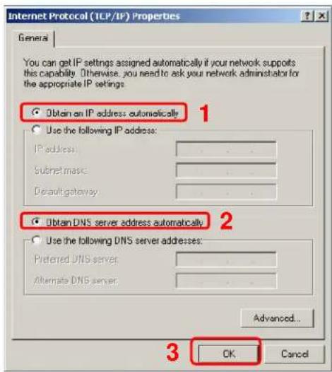 Internet Protocol (TCP/IP) Properties General You can get IP settings assigned automatically if your network supports this capability. Otherwise, you need to ask your network administrator for the appropriate IP settings. Obtain an IP address automatically Use the following IP address: IP address: subnet mask: default gateway Obtain DNS server address automatically Use the following DNS server addresses: Preferred DNS server: Alternate DNS server Advanced... OK Cancel
