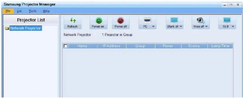 Samsung Projector Manager File List Tools Help Projector List Network Projector Refresh Power on Power off PC Blank off Mut off 15:9 Network Projector 1 Projector in Group Name IP Address Group Power Source Lamp Time