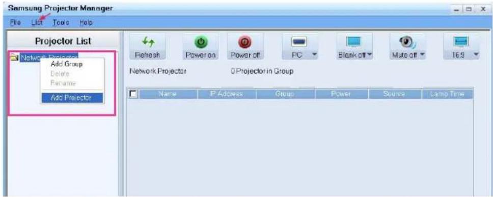 Samsung Projector Manager File List Tools Help Projector List Network Projector Add Group Delete Rename Add Projector Refresh Power on Power off PC Blank off Mute off 16:9 Network Projector 0 Projector in Group Name IP Address Group Power Source Lamp Time