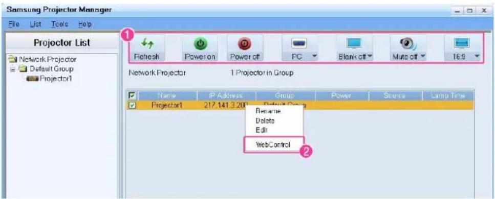 Samsung Projector Manager File List Tools Help Projector List Network Projector Default Group Projector1 Refresh Power on Power off PC Blank off Mute off 16:9 Network Projector 1 Projector in Group Name IP Address Group Power Source Lamp Time Projector1 217.141.3.20 Default Group Rename Delete Edit WebControl