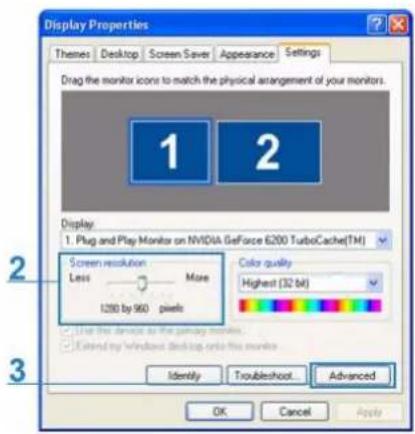 Display Properties Themes Desktop Screen Save Appearance Settings Drag the monitor icon to match the physical arrangement of your monitors. 1 2 Display 1. Plug and Play Monitor on NVIDIA GeForce 6200 TurboCache(TM) Screen resolution More Less 1280 by 960 pixels Color quality Highest (32 bit) Use this device as the primary monitor. ■ Extended by Windows Desktop onto this monitor Identity Troubleshoot Advanced OK Cancel Apply
