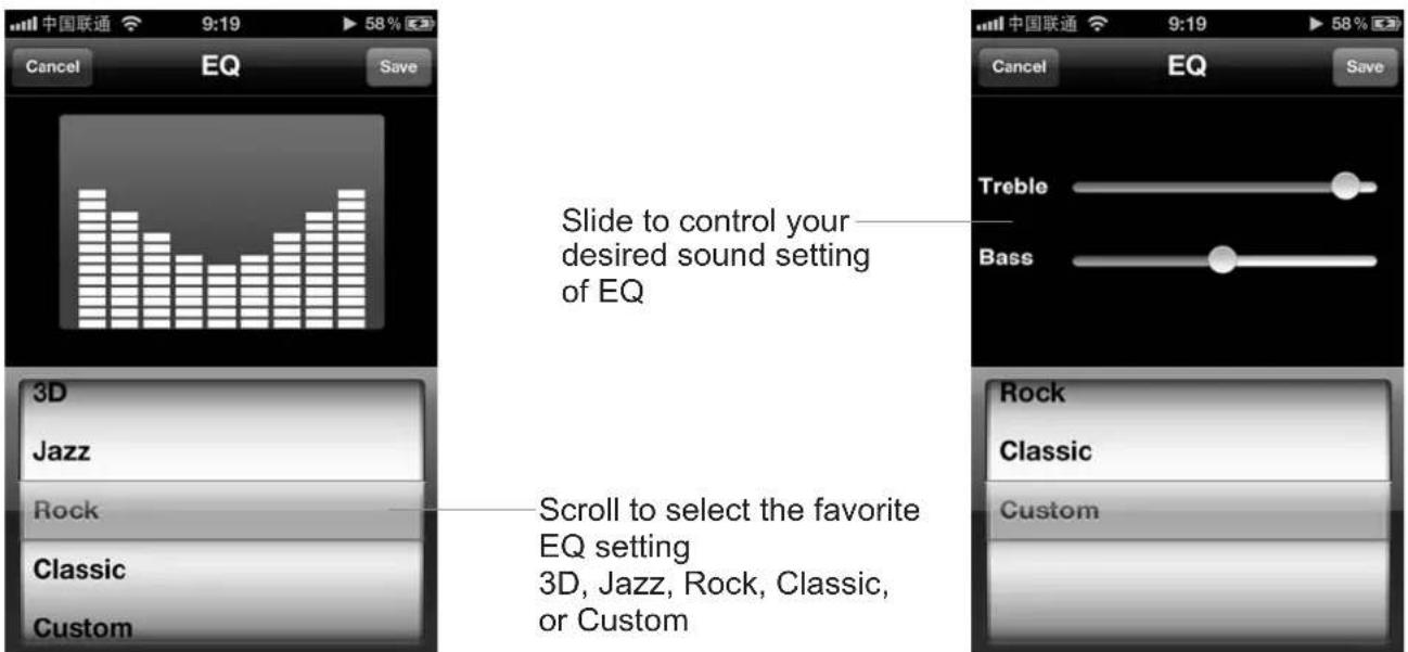 中国联通 9:19 58% Save Cancel EQ Save Slide to control your desired sound setting of EQ 3D Jazz Rock Classic Custom Rock Classic Custom