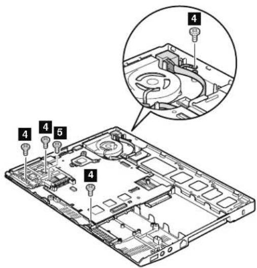 Technical diagram of an open laptop chassis with numbered components and an inset view showing internal structure.