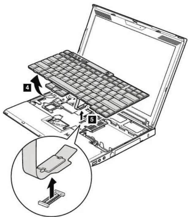 Laptop interior diagram with numbered components and a magnified view of the internal structure