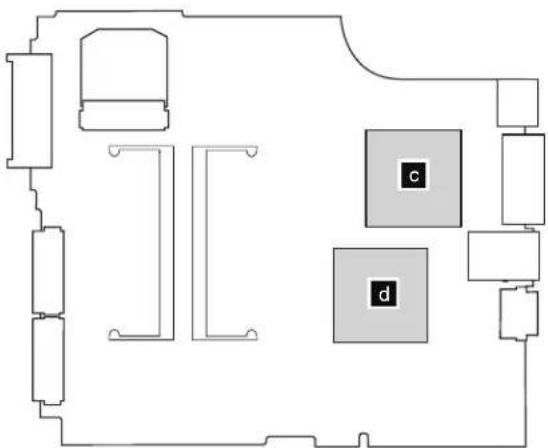 Floor plan diagram with labeled rooms and furniture layout, including boxes labeled c and d