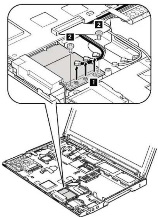 Technical diagram showing a laptop chassis with labeled components and an exploded view of the internal circuit board.