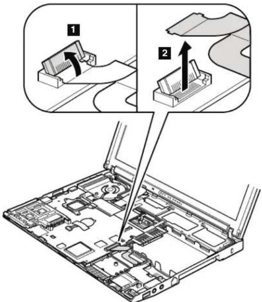 Diagram showing two views of a laptop's internal structure with labeled parts and directional arrows indicating assembly or installation.