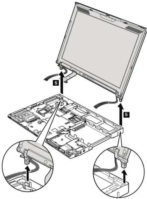 Diagram showing a laptop with labeled components and cable connections, including a 5-pin panel assembly.