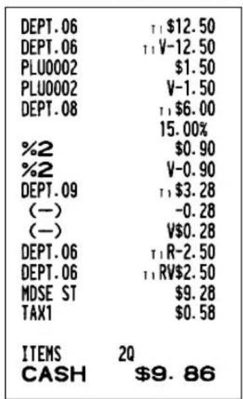 DEPT.06 DEPT.06 PLU0002 PLU0002 DEPT.08 %2 %2 DEPT.09 (一) (一) DEPT.06 DEPT.06 MDSE ST TAX1 ITEMS 2Q CASH $9.86 T: $12.50 T: V-12.50 $1.50 V-1.50 T: $6.00 15.00% $0.90 V-0.90 T: $3.28 -0.28 V$0.28 T: R-2.50 T: RV$2.50 $9.28 $0.58