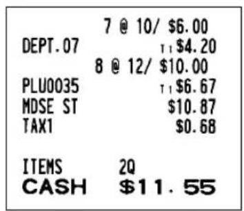 7 @ 10/ $6.00 DEPT.07 T1 $4.20 8 @ 12/ $10.00 PLU0035 T1 $6.67 MDSE ST $10.87 TAX1 $0.68 ITEMS 2Q CASH $11.55