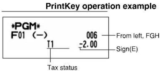 PrintKey operation example *PGM* F01 (−) T1 006 -2.00 From left, FGH Sign(E) Tax status