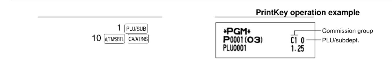 PrintKey operation example *PGM* P0001(O3) PLU0001 C1 0 1.25 Commission group PLU/subdept.