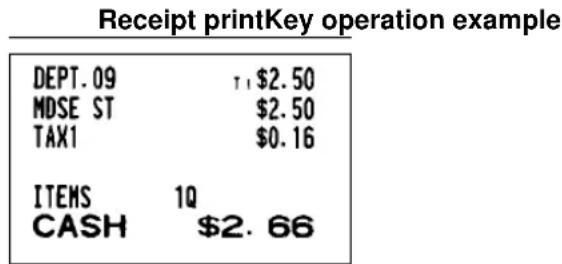 Receipt printKey operation example DEPT. 09 T1 $2.50 MDSE ST $2.50 TAX1 $0.16 ITEMS 1Q CASH $2.66