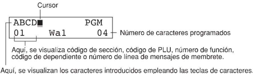 Cursor ABCD PGM 01 Wal 04 Número de caracteres programados Aquí, se visualiza código de sección, código de PLU, número de función, código de dependiente o número de línea de mensajes de membrete. Aquí, se visualizan los caracteres introducidos empleando las teclas de caracteres.