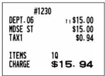 #1230 DEPT. 06 T1 $15.00 MDSE ST $15.00 TAX1 $0.94 ITEMS 1Q CHARGE $15.94