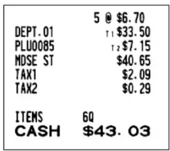 5 @ $6.70 DEPT.01 T1 $33.50 PLU0085 T2 $7.15 MDSE ST $40.65 TAX1 $2.09 TAX2 $0.29 ITEMS 6Q CASH $43.03