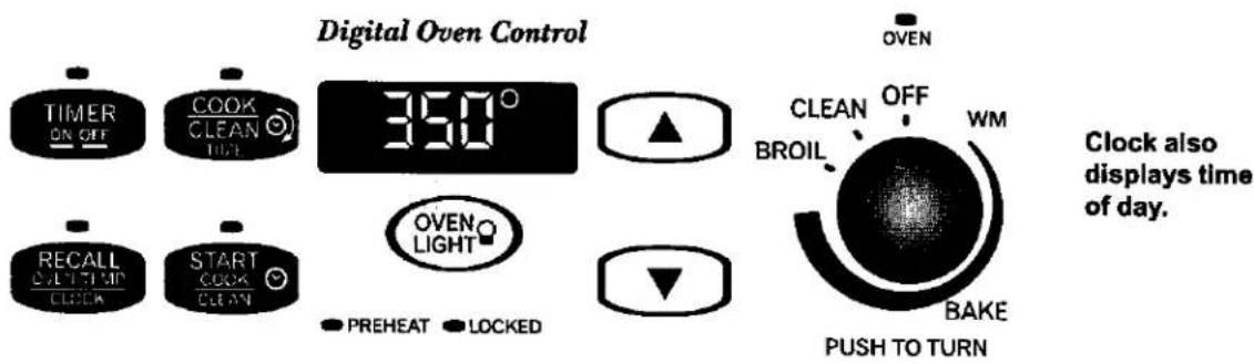 Digital Oven Control TIMER ON OFF COOK CLEAN TIME 350° OVEN CREALL OVERTUM CLOCK START COOK CLEAN PREHEAT LOCKED OVEN BROIL OFF WM PUSH TO TURN Clock also displays time of day.