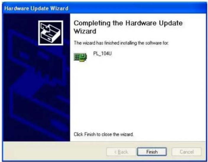 Hardware Update Wizard Completing the Hardware Update Wizard The wizard has finished installing the software for: PL_104U Click Finish to close the wizard. < Back Finish Cancel