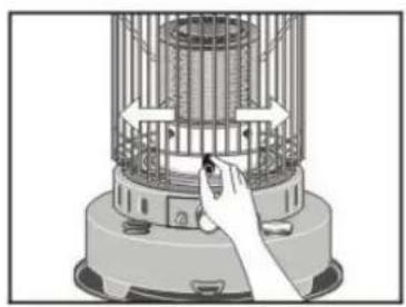 Illustration of a hand adjusting a birdcage structure on a portable air conditioner (no text or symbols visible)