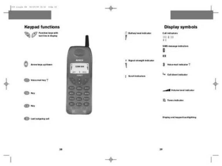 Keypad functions Function keys with test time in display Arrow keys up/down Voice mail key ↑ Key Key Last outgoing call Battery level indicator SAMS 100 Signal strength indicator Scroll Indicators Display symbols Cell indicators (64.8.10) 8.2 SMS message indicators 8 88 3 Voice-mail indicator ↑ Cell down indicator Volume level indicator Taxes indicator Display and keypad backlighting
