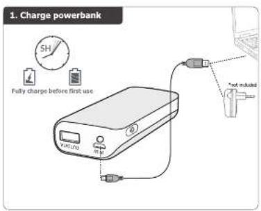 1. Charge powerbank Fully charge before first use *not modulated