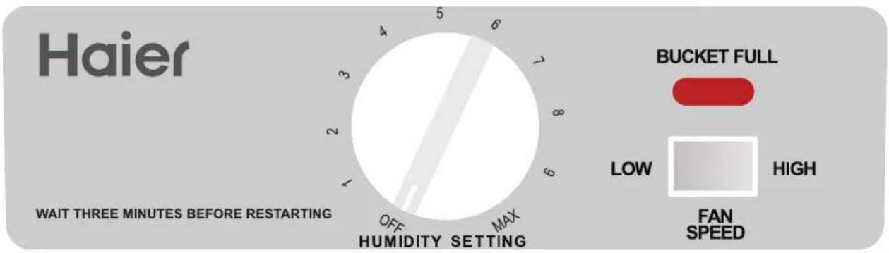 Haier WAIT THREE MINUTES BEFORE RESTARTING HUMIDITY SETTING OFF MAX 5 6 7 8 9 10 BUCKET FULL LOW HIGH FAN SPEED