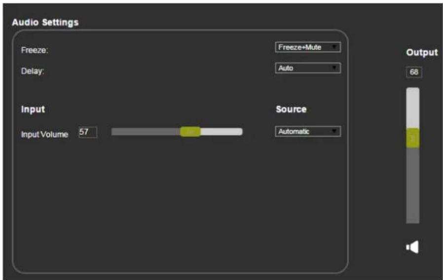 Audio Settings Freeze: Freeze+Mute Delay: Auto Input Source Input Volume 57 Automatic Output 68