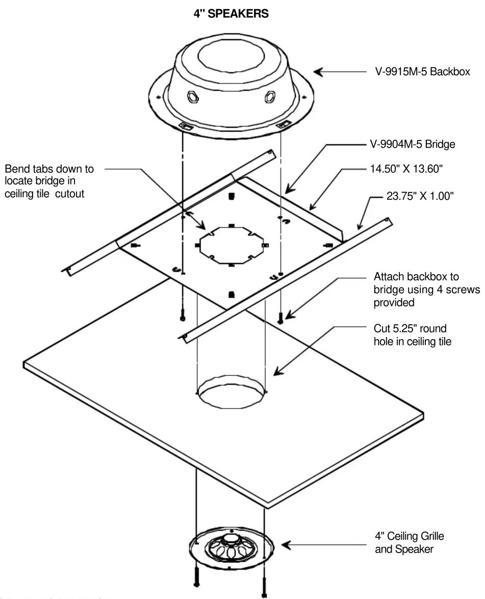 4" SPEAKERS V-9915M-5 Backbox V-9904M-5 Bridge 14.50" X 13.60" 23.75" X 1.00" Bend tabs down to locate bridge in ceiling tile cutout Attach backbox to bridge using 4 screws provided Cut 5.25" round hole in ceiling tile 4" Ceiling Grille and Speaker