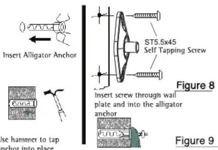 Insert Alligator Anchor Use hammer to tap anchor into place ST5.5x45 Self Tapping Screw Figure 8 Insert screw through wall plate and into the alligator anchor Figure 9