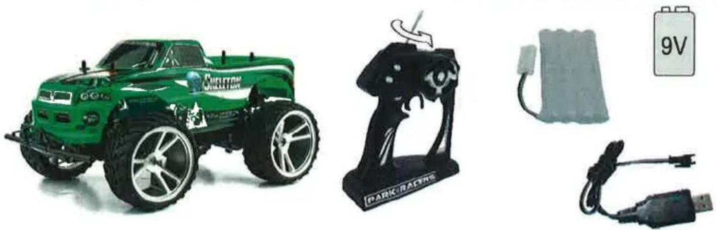 Green and black toy vehicles including a Pole-Trairie car, a Park-Racobs robotic device, and a battery with 9V power supply (no text or symbols on main objects)