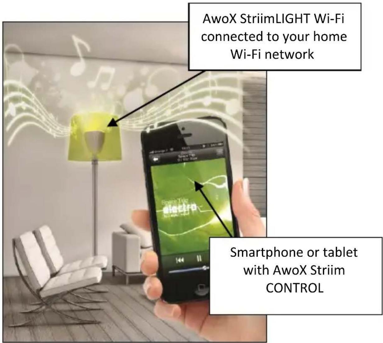 AwoX StriimLIGHT Wi-Fi connected to your home Wi-Fi network Smartphone or tablet with AwoX Striim CONTROL